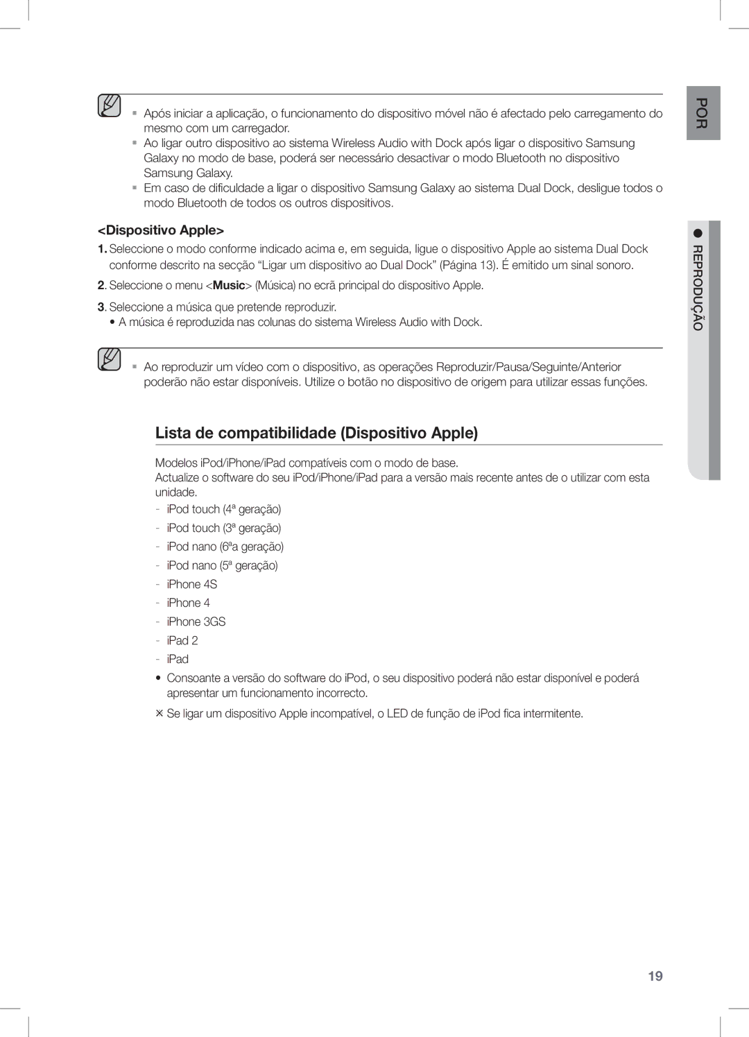 Samsung DA-E651/ZF, DA-E650/ZF manual Lista de compatibilidade Dispositivo Apple 