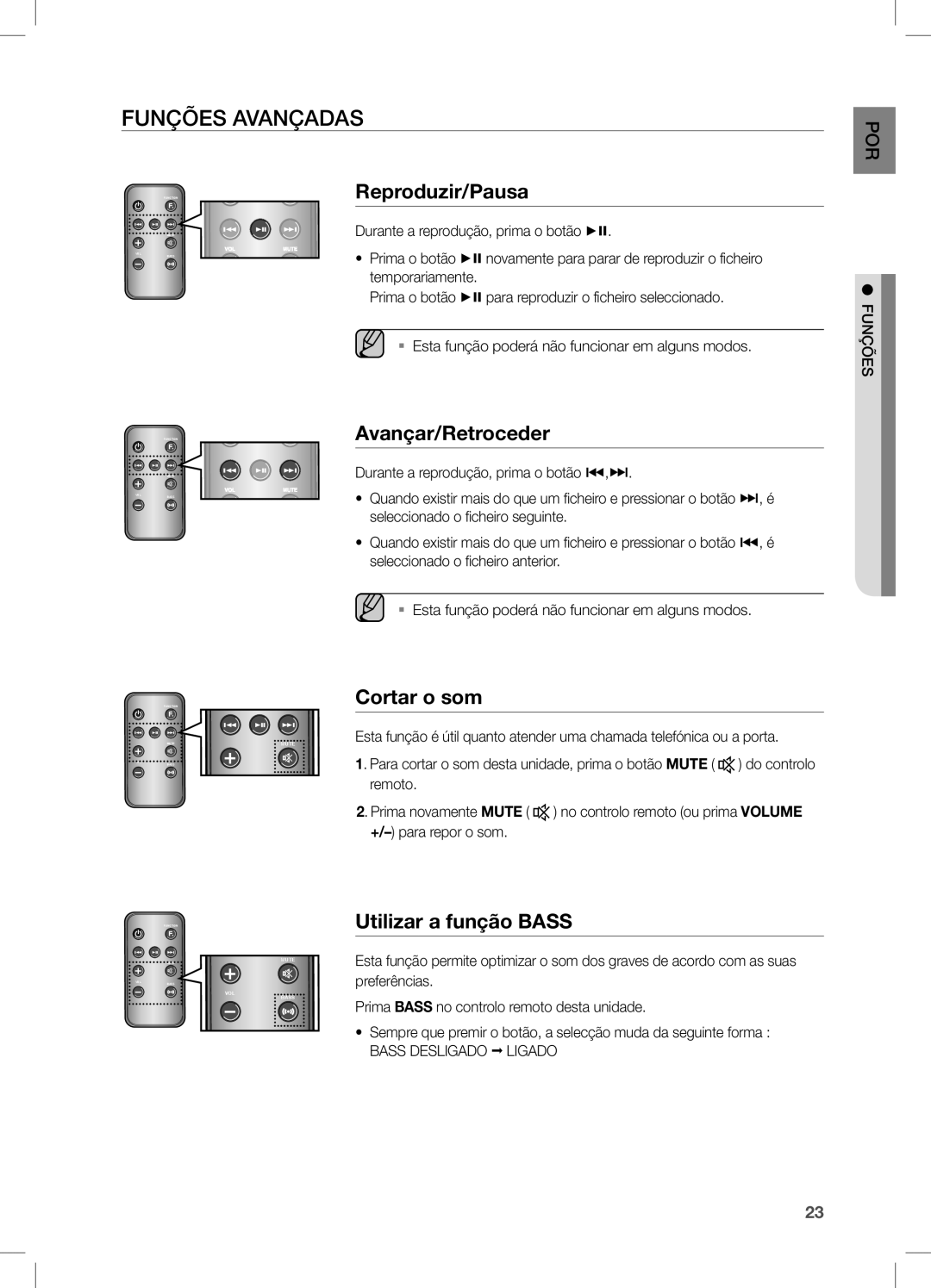 Samsung DA-E651/ZF, DA-E650/ZF Funções Avançadas, Cortar o som, Utilizar a função Bass, Nuçõesf, Bass Desligado Ligado 