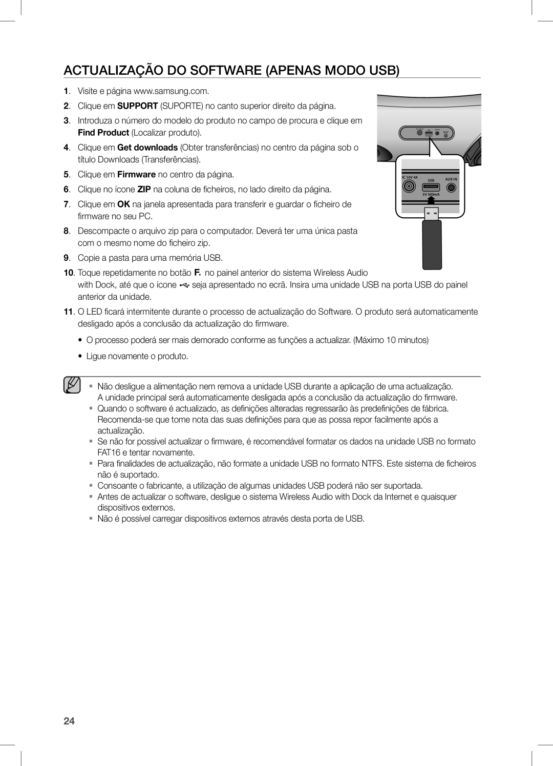 Samsung DA-E650/ZF, DA-E651/ZF manual Actualização do Software apenas modo USB 