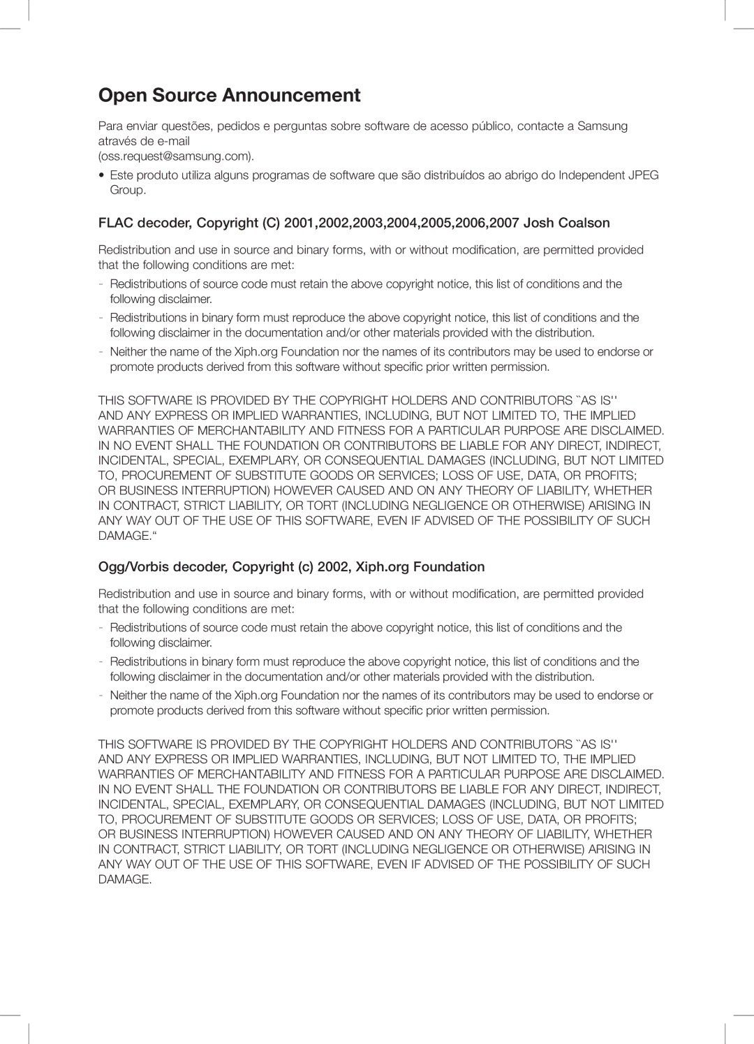 Samsung DA-E651/ZF, DA-E650/ZF manual Open Source Announcement 