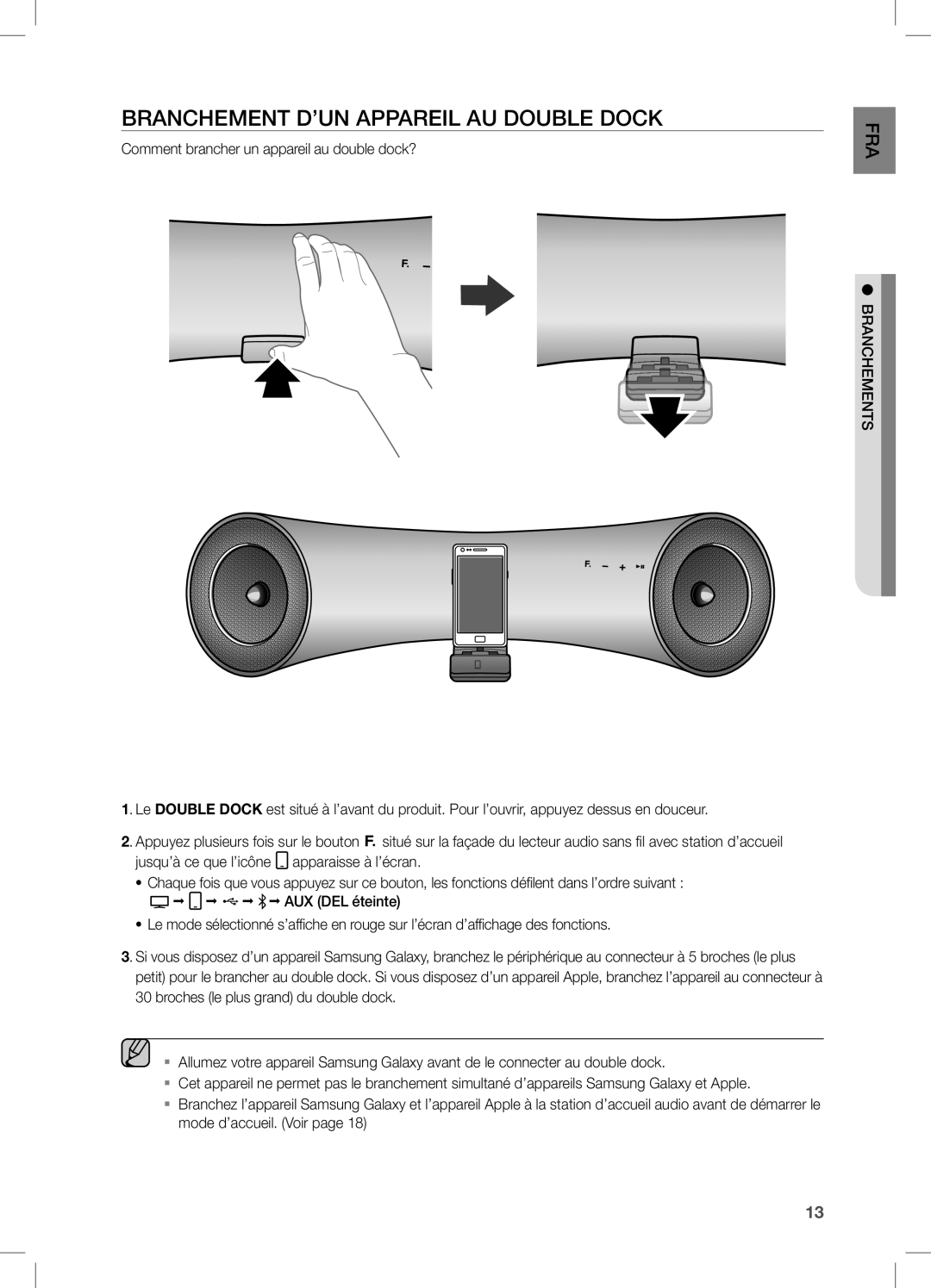 Samsung DA-E651/ZF, DA-E650/ZF manual BRAncHeMenT D’Un APPAReiL AU DOUBLe DOcK 