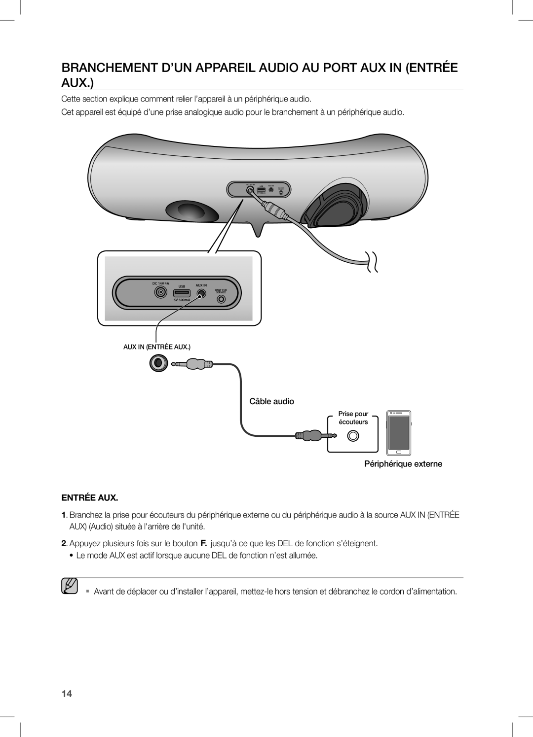 Samsung DA-E650/ZF, DA-E651/ZF manual Branchement D’UN Appareil Audio AU Port AUX in Entrée AUX 