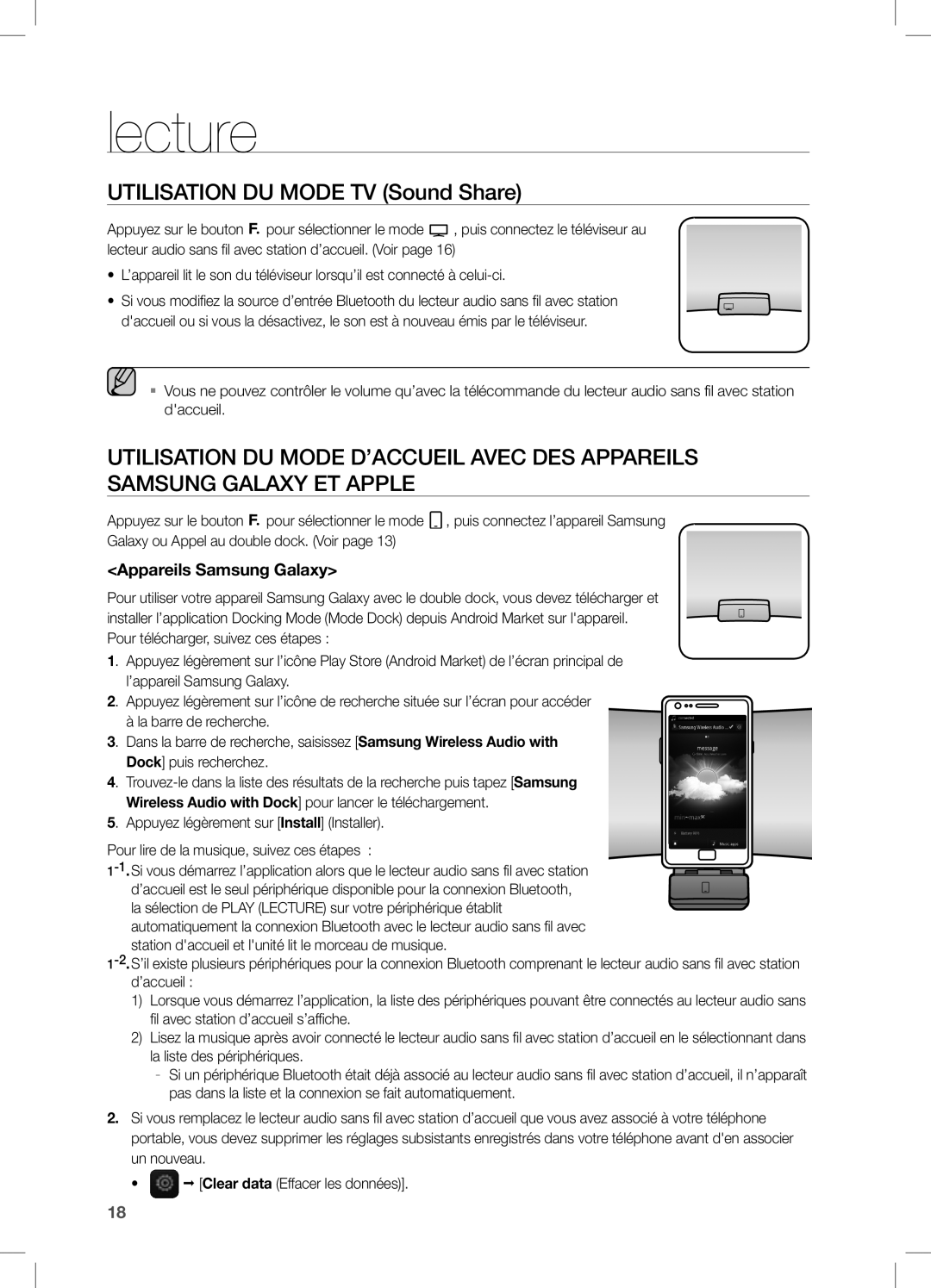 Samsung DA-E650/ZF, DA-E651/ZF manual Lecture, Utilisation DU Mode TV Sound Share, Appareils Samsung Galaxy 