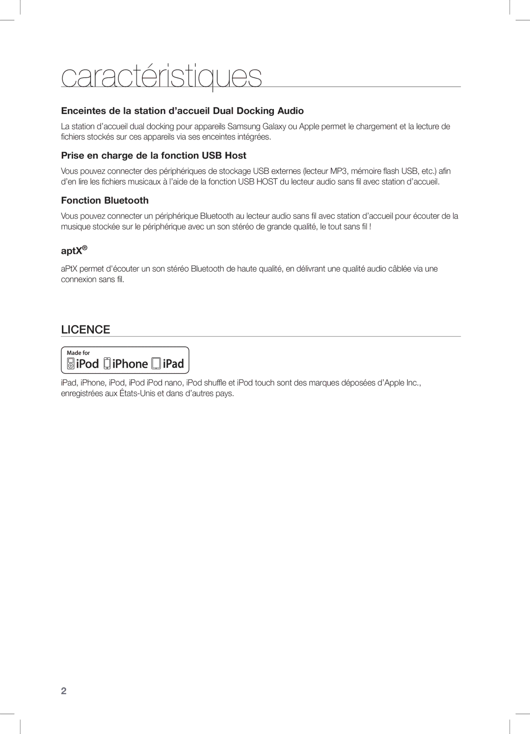 Samsung DA-E650/ZF manual Caractéristiques, Enceintes de la station d’accueil Dual Docking Audio, Fonction Bluetooth, AptX 
