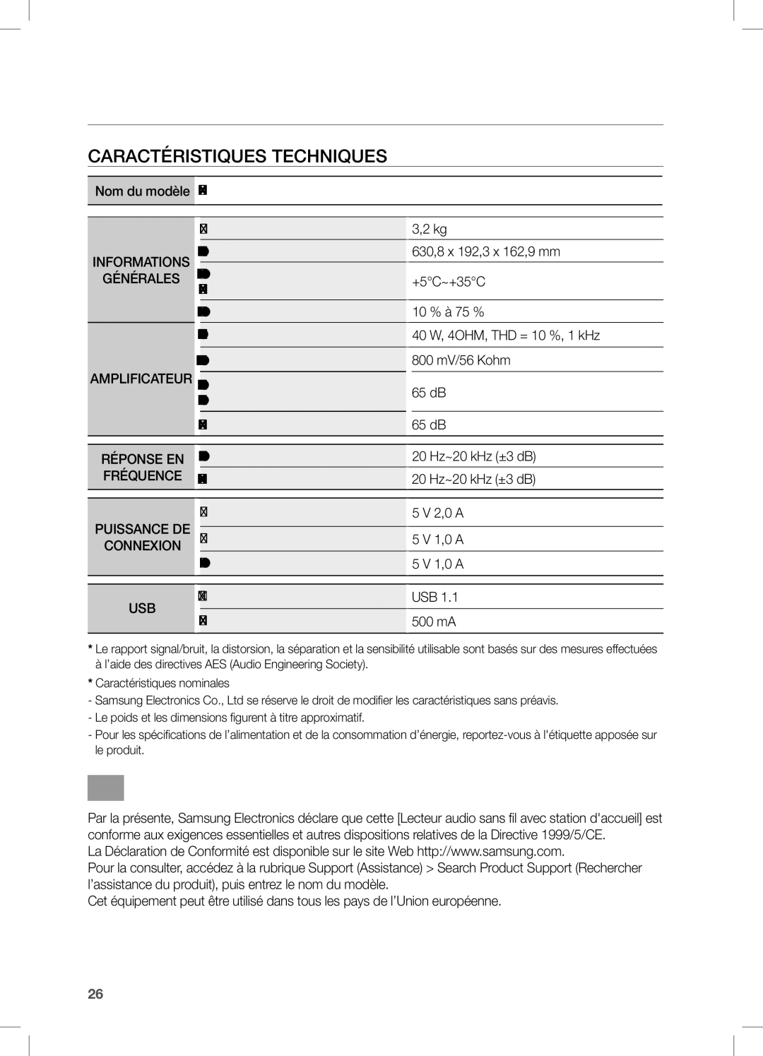 Samsung DA-E650/ZF, DA-E651/ZF manual Annexes, Caractéristiques Techniques 