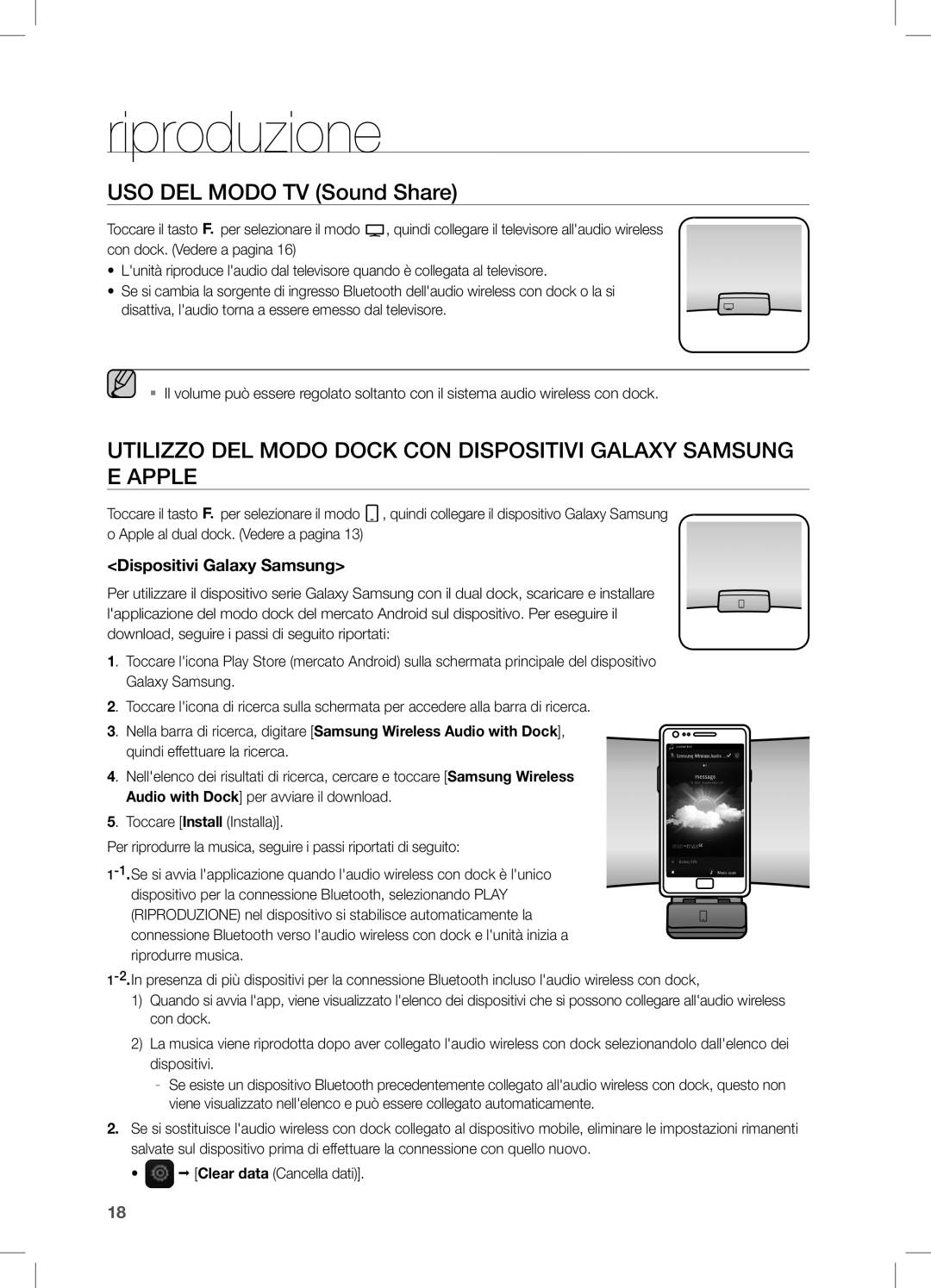 Samsung DA-E650/ZF Riproduzione, USO DEL Modo TV Sound Share, Utilizzo DEL Modo Dock CON Dispositivi Galaxy Samsung, Apple 