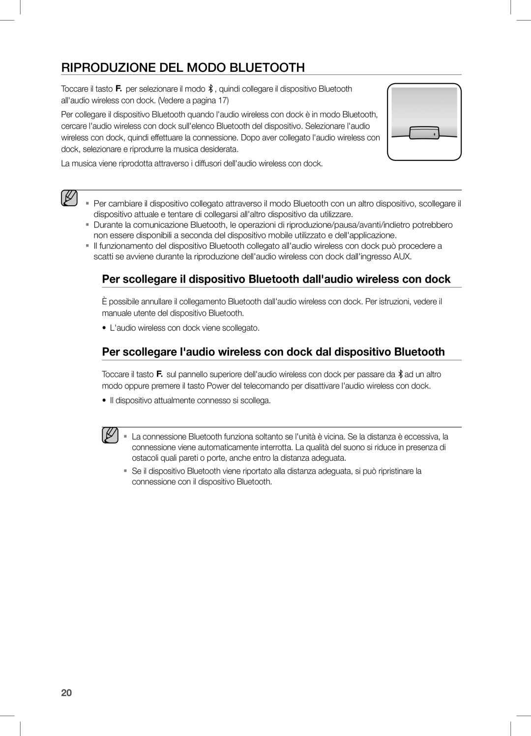 Samsung DA-E650/ZF, DA-E651/ZF manual Riproduzione DEL Modo Bluetooth, Il dispositivo attualmente connesso si scollega 