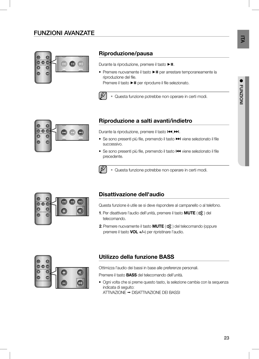 Samsung DA-E651/ZF, DA-E650/ZF manual Funzioni Avanzate, Riproduzione a salti avanti/indietro, Disattivazione dellaudio 