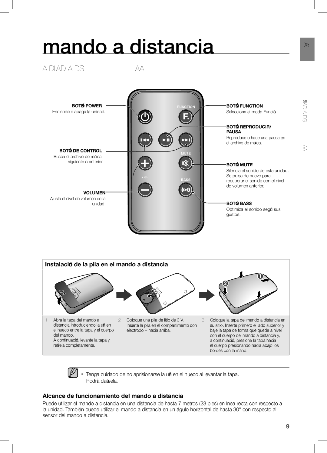 Samsung DA-E651/ZF manual Mando a distancia, Guía DEL Mando a Distancia, Instalación de la pila en el mando a distancia 