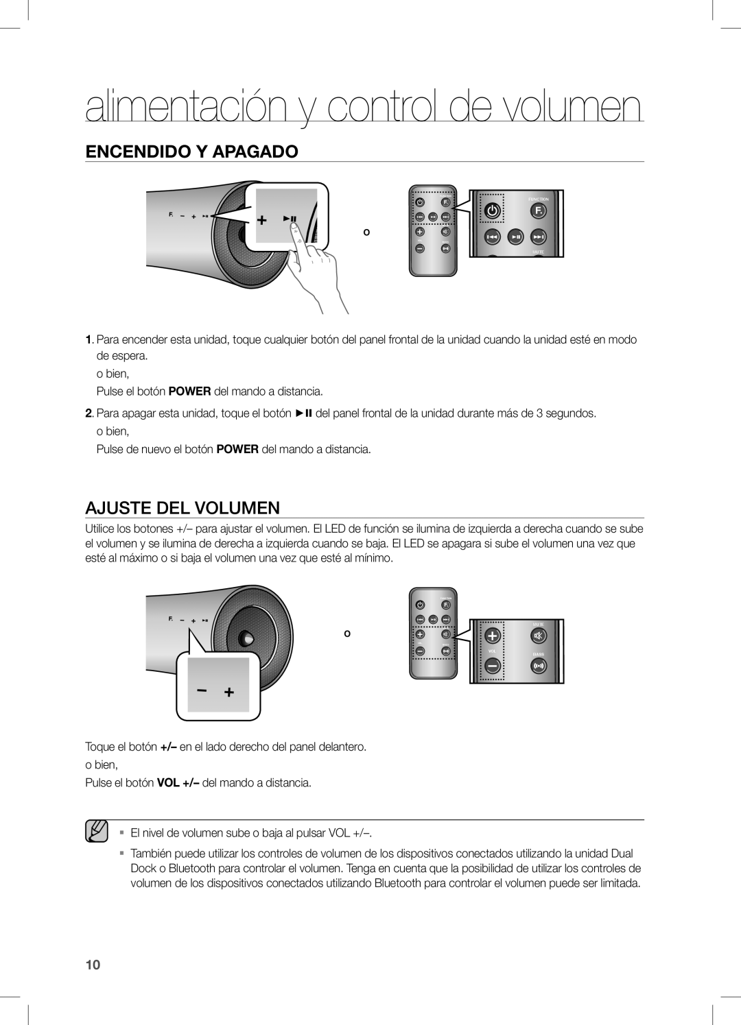 Samsung DA-E650/ZF, DA-E651/ZF manual Alimentación y control de volumen, Ajuste DEL Volumen 