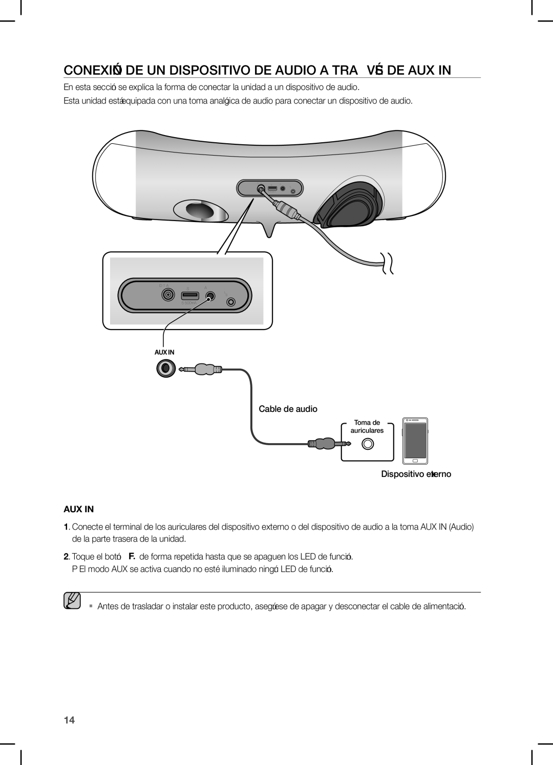 Samsung DA-E650/ZF, DA-E651/ZF manual Conexión DE UN Dispositivo DE Audio a Través DE AUX 