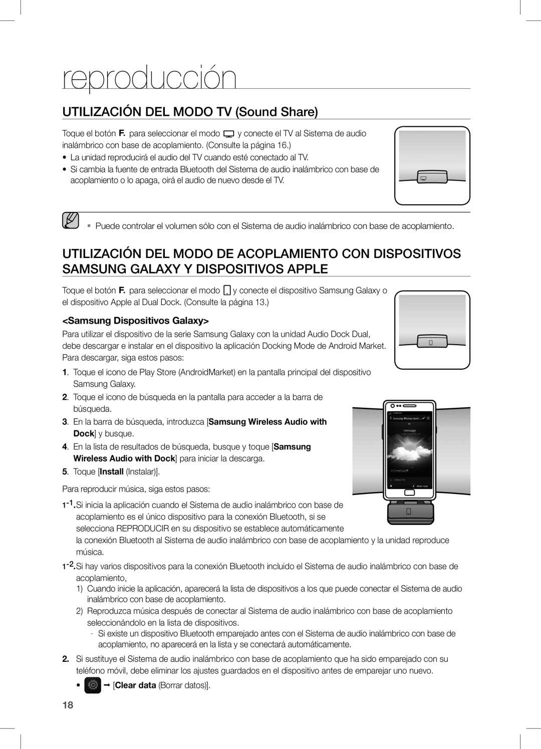 Samsung DA-E650/ZF, DA-E651/ZF manual Reproducción, Utilización DEL Modo TV Sound Share, Samsung Dispositivos Galaxy 