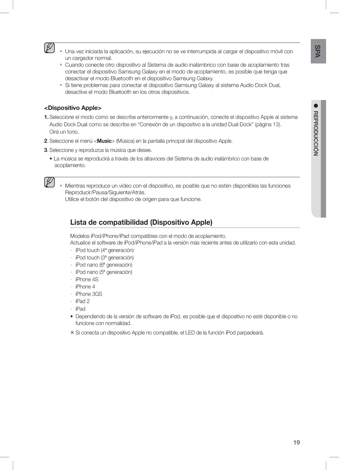 Samsung DA-E651/ZF, DA-E650/ZF manual Lista de compatibilidad Dispositivo Apple 