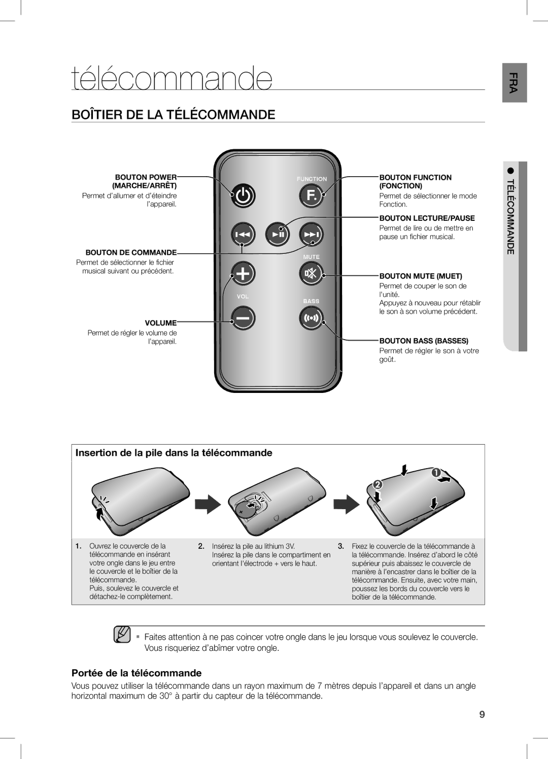 Samsung DA-E651/ZF Boîtier DE LA Télécommande, Insertion de la pile dans la télécommande, Portée de la télécommande 