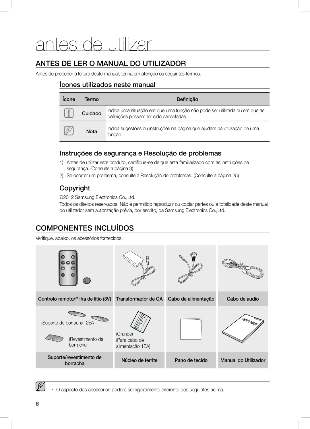 Samsung DA-E650/ZF, DA-E651/ZF manual Antes de utilizar, Antes de ler o Manual do Utilizador, Componentes Incluídos 