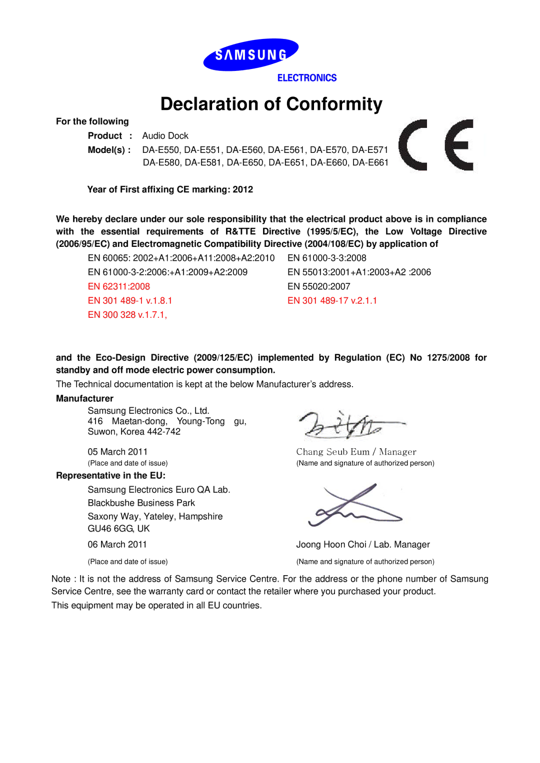 Samsung DA-E651/ZF, DA-E651/EN manual Declaration of Conformity, For the following Product Audio Dock, Manufacturer 