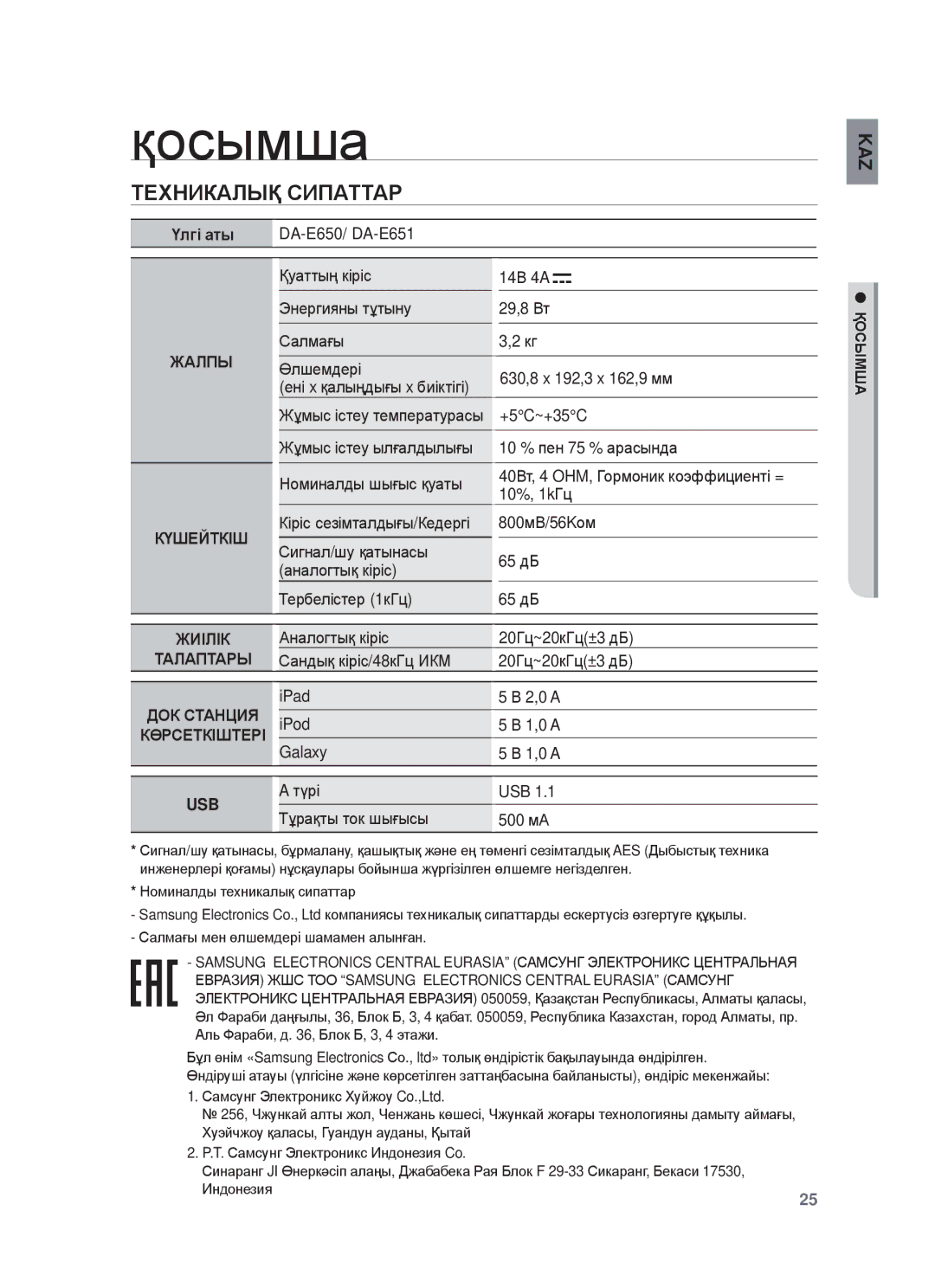 Samsung DA-E651/RU manual Ԕɨɫɵɦɲɚ, ɌȿɏɇИКȺЛЫҚ ɋИПȺɌɌȺɊ, Үлгɿ ɚты, ДɈК ɋɌȺɇЦИЯ, ҚɈɋЫɆШȺ 