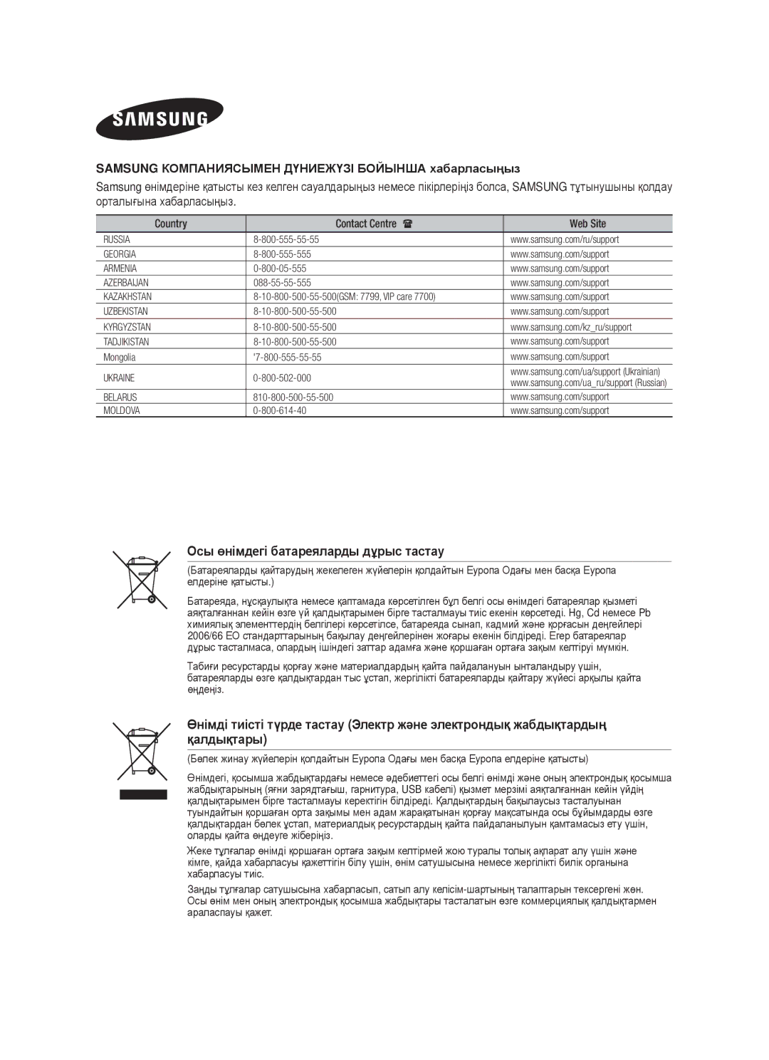 Samsung DA-E651/RU manual Ɉɫы өнɿмдɟгɿ бɚтɚɪɟялɚɪды дұɪыɫ тɚɫтɚɭ, Samsung КɈɆПȺɇИЯɋЫɆȿɇ ДҮɇИȿЖҮЗȱ БɈɃЫɇШȺ ɯɚбɚɪлɚɫыңыз 