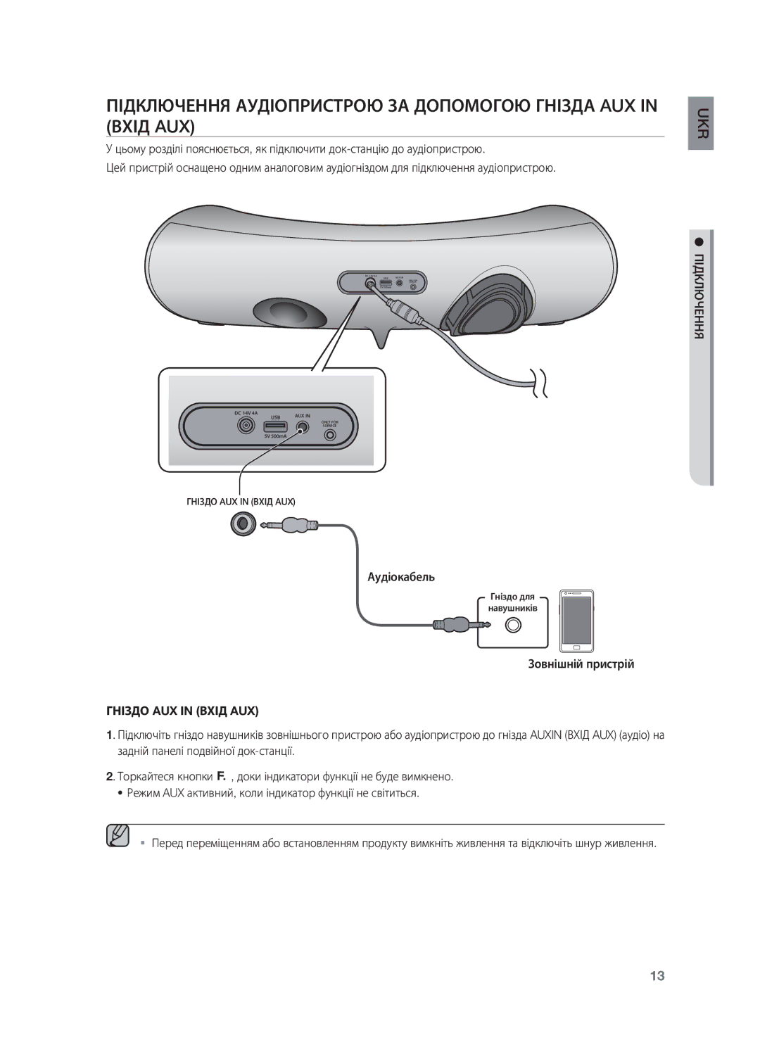 Samsung DA-E651/RU manual Гніздо AUX in Вхід AUX 