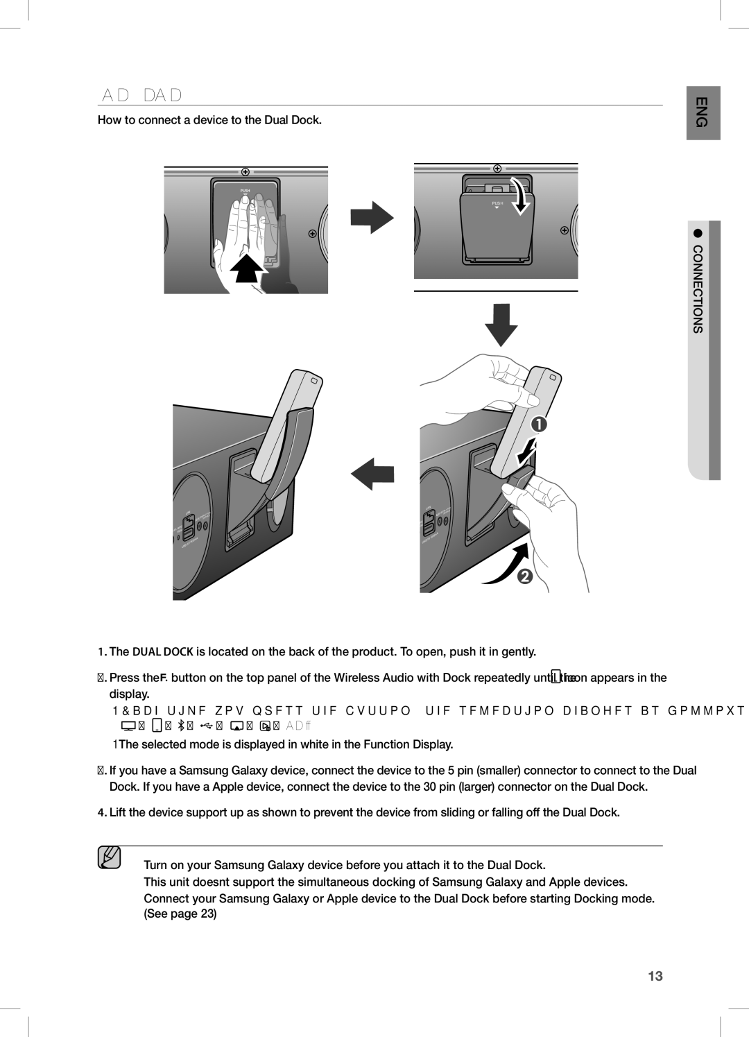 Samsung DAE670ZA, DA-E670 user manual Connecting a deVice to the dUaL docK, How to connect a device to the Dual Dock 