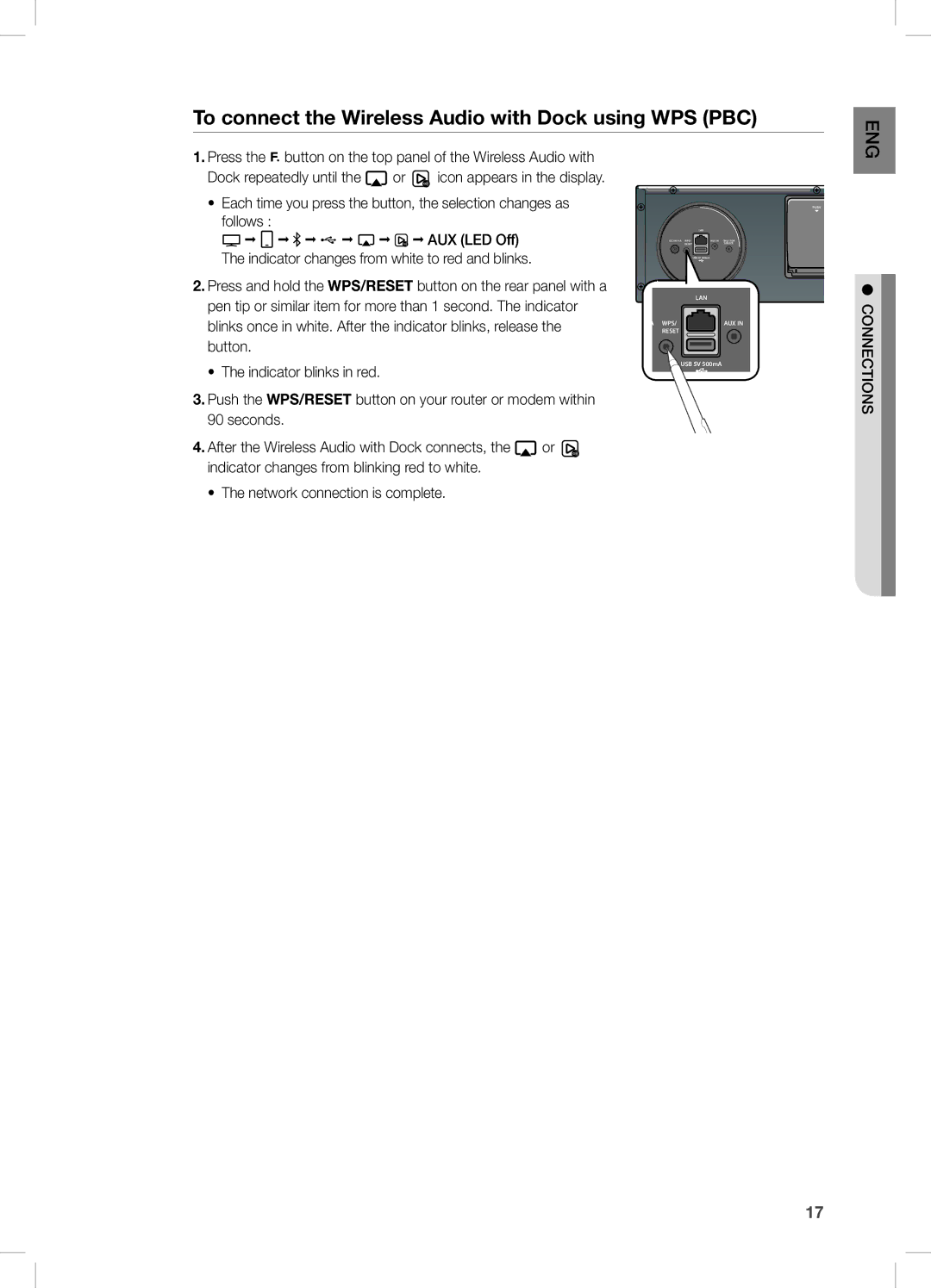 Samsung DAE670ZA, DA-E670 user manual To connect the Wireless Audio with Dock using WPS PBC, Connections 