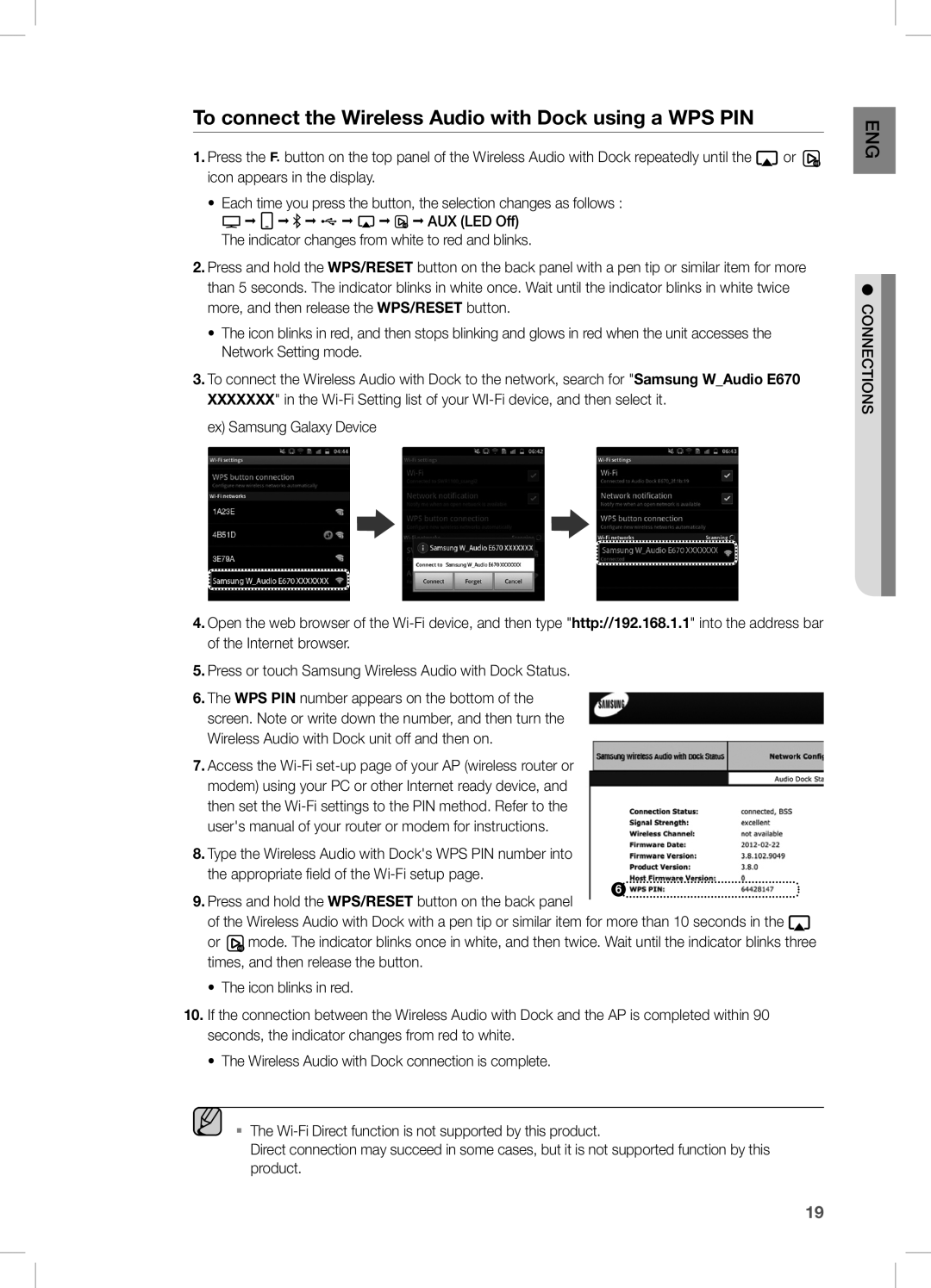 Samsung DAE670ZA, DA-E670 user manual To connect the Wireless Audio with Dock using a WPS PIN 