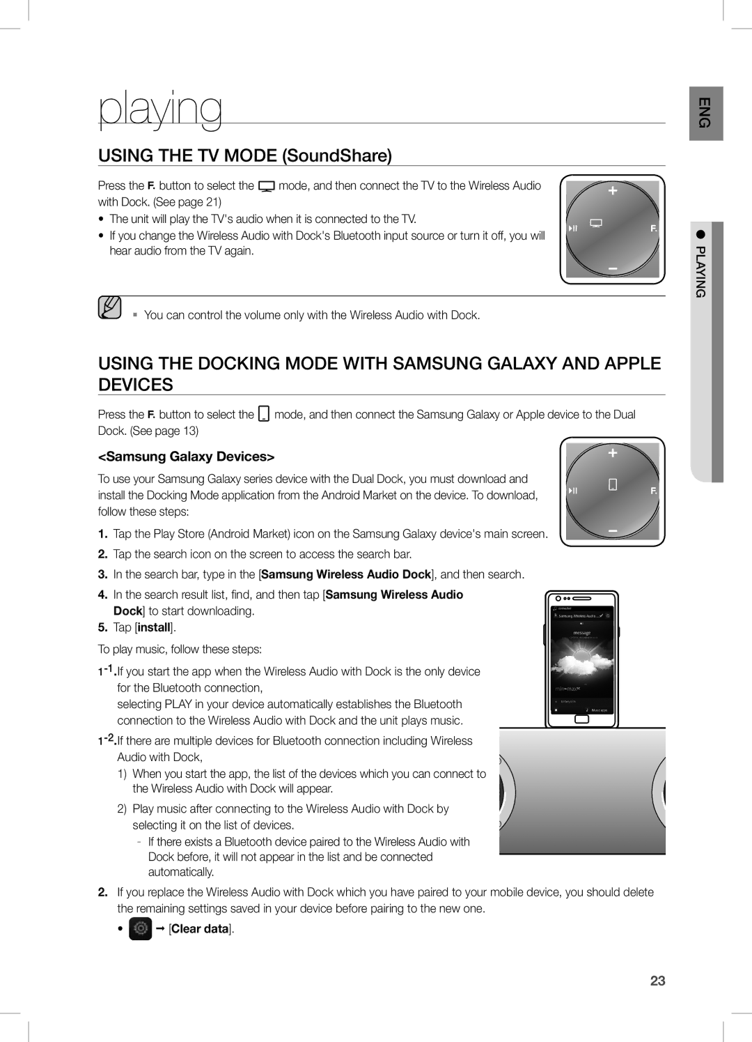 Samsung DAE670ZA, DA-E670 user manual Playing, Using the TV Mode SoundShare, Samsung Galaxy Devices, Ingaypl 