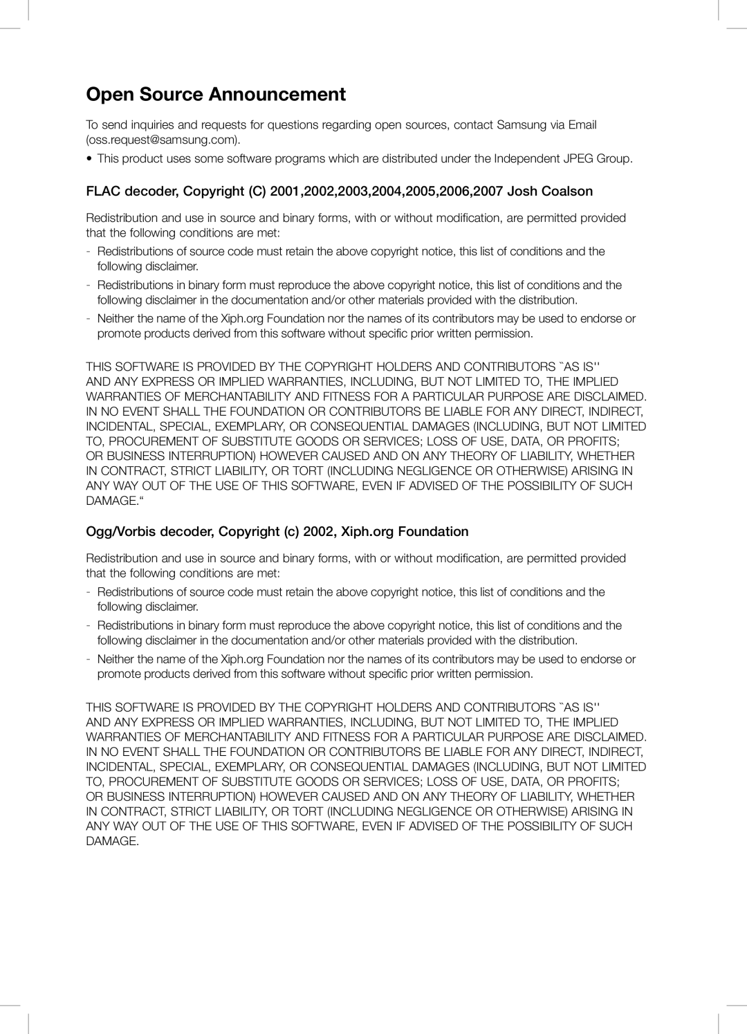 Samsung DA-E670, DAE670ZA user manual Open Source Announcement 