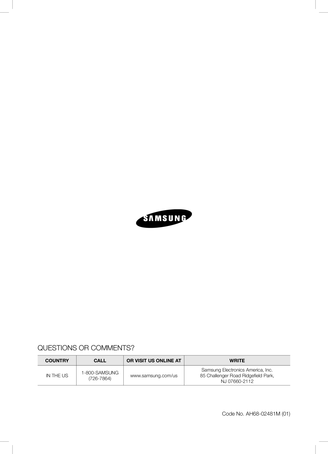 Samsung DAE670ZA, DA-E670 user manual Questions or COMMENTS?, Code No. AH68-02481M 