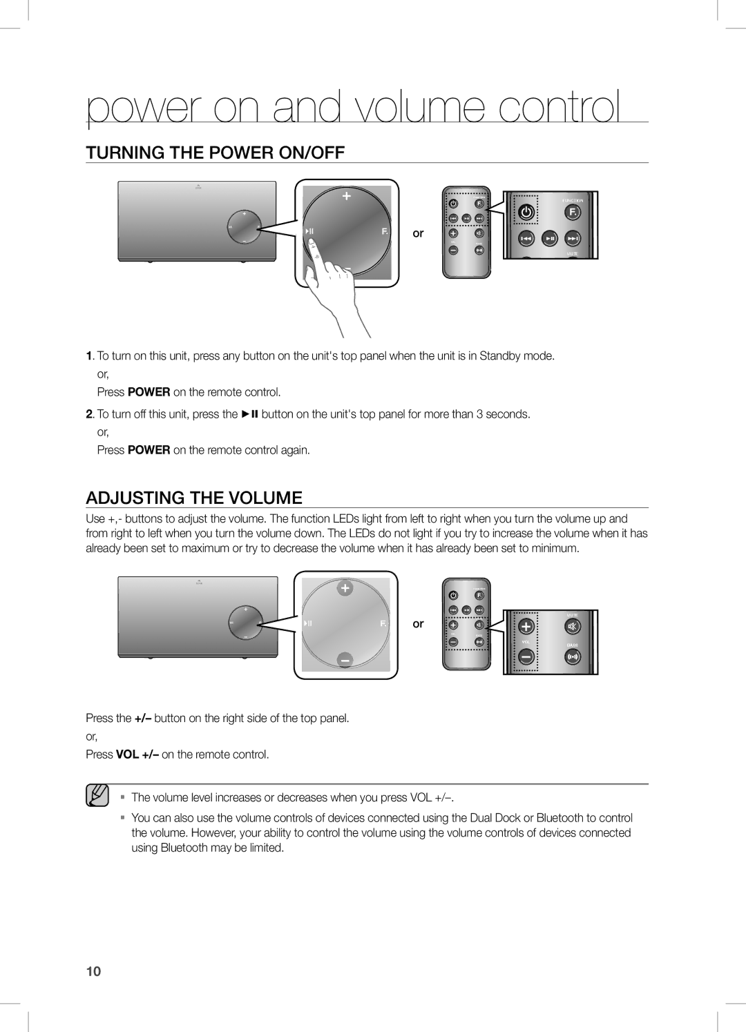 Samsung DA-E670/ZF, DA-E670/EN, DA-E670/XE manual Power on and volume control, TUrning tHe POWer On/Off, ADJUsting tHe VOLUMe 