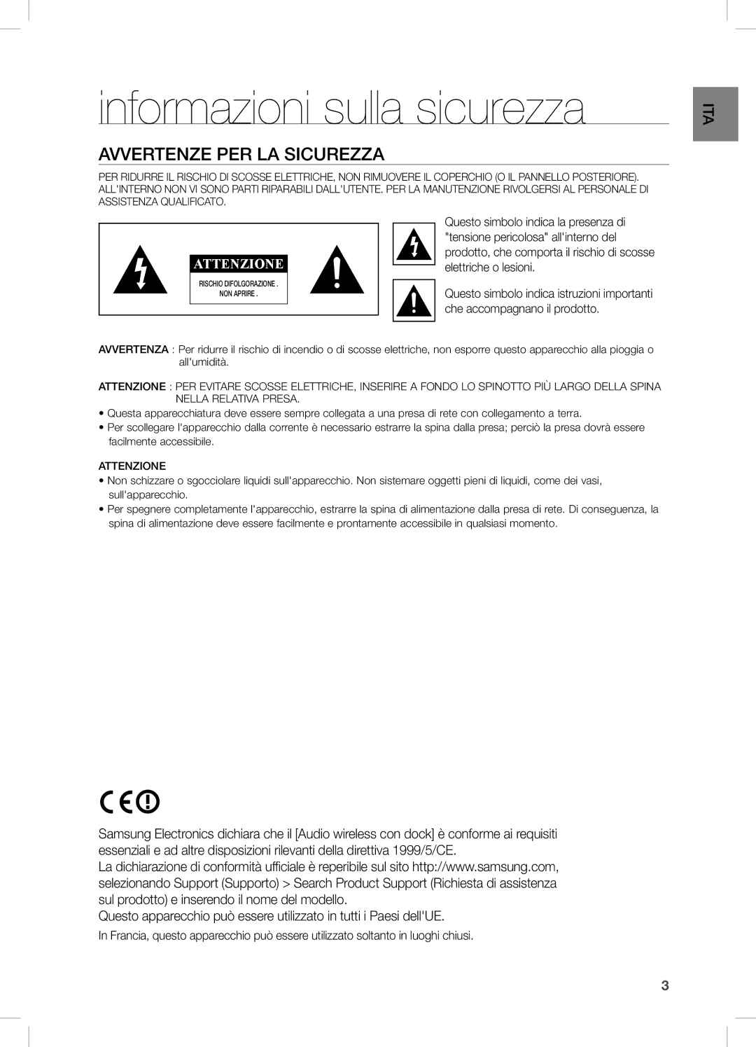 Samsung DA-E670/EN, DA-E670/ZF, DA-E670/XE manual Informazioni sulla sicurezza, Avvertenze PER LA Sicurezza 