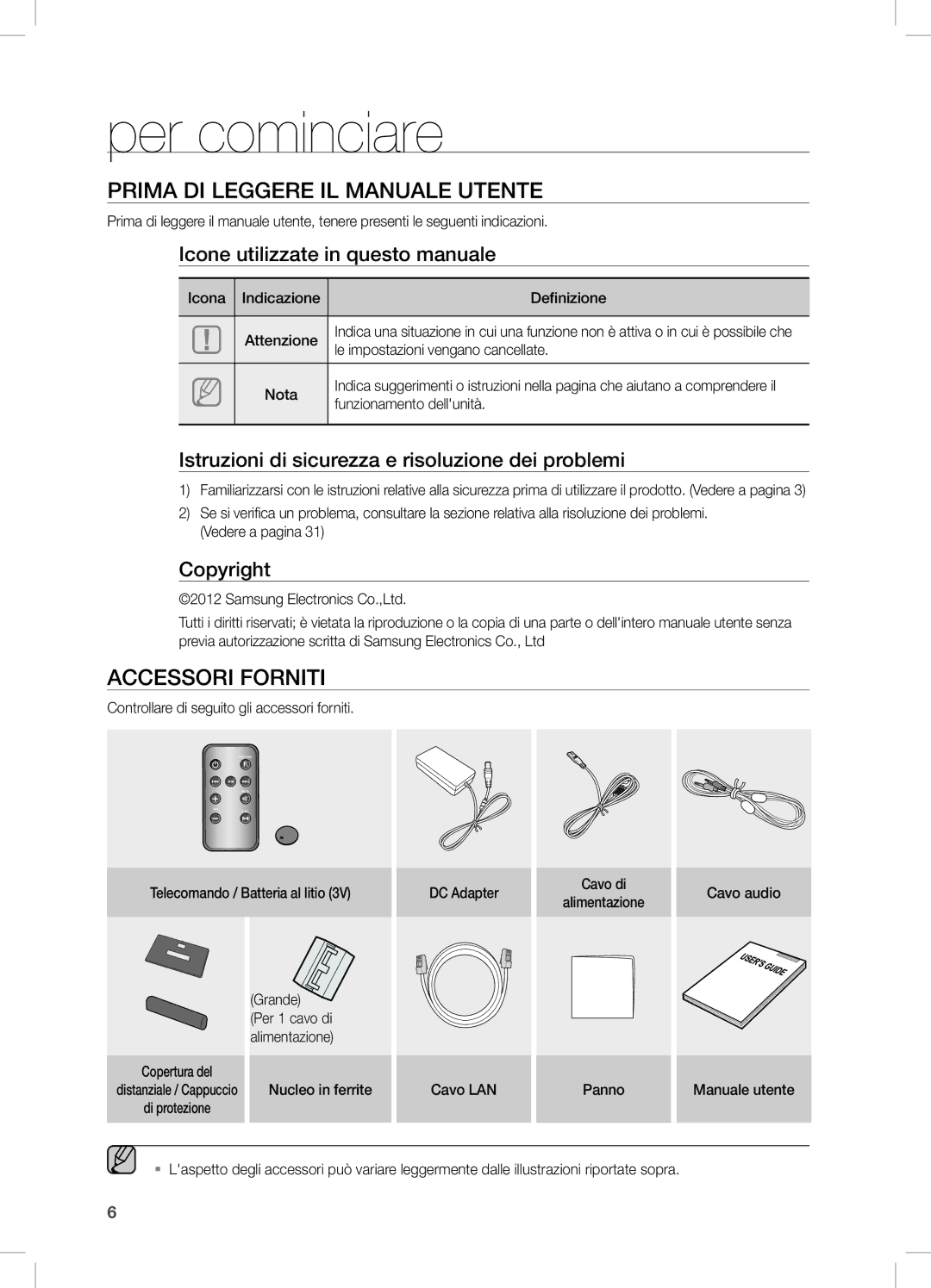 Samsung DA-E670/EN, DA-E670/ZF, DA-E670/XE Per cominciare, Prima di leggere il manuale utente, Accessori Forniti 