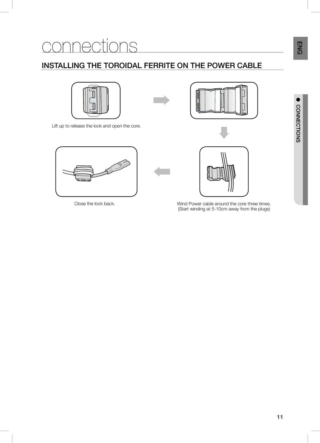 Samsung DA-E670/XE, DA-E670/EN, DA-E670/ZF Connections, InstaLLing tHe tOrOiDaL ferrite On tHe POWer caBLe, ConnEctions 