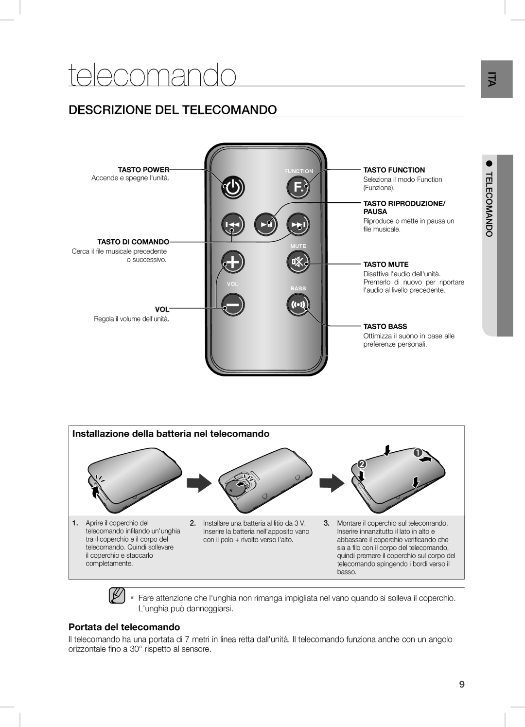 Samsung DA-E670/EN Descrizione DEL Telecomando, Installazione della batteria nel telecomando, Portata del telecomando 