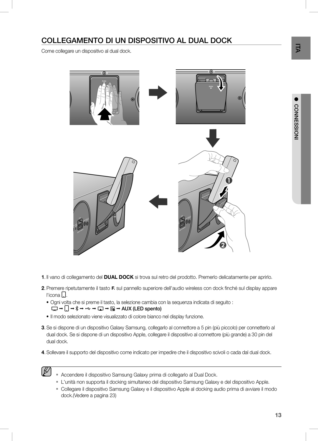 Samsung DA-E670/ZF, DA-E670/EN COLLeGamenTO Di Un DiSPOSiTiVO aL DUaL DOcK, Come collegare un dispositivo al dual dock 