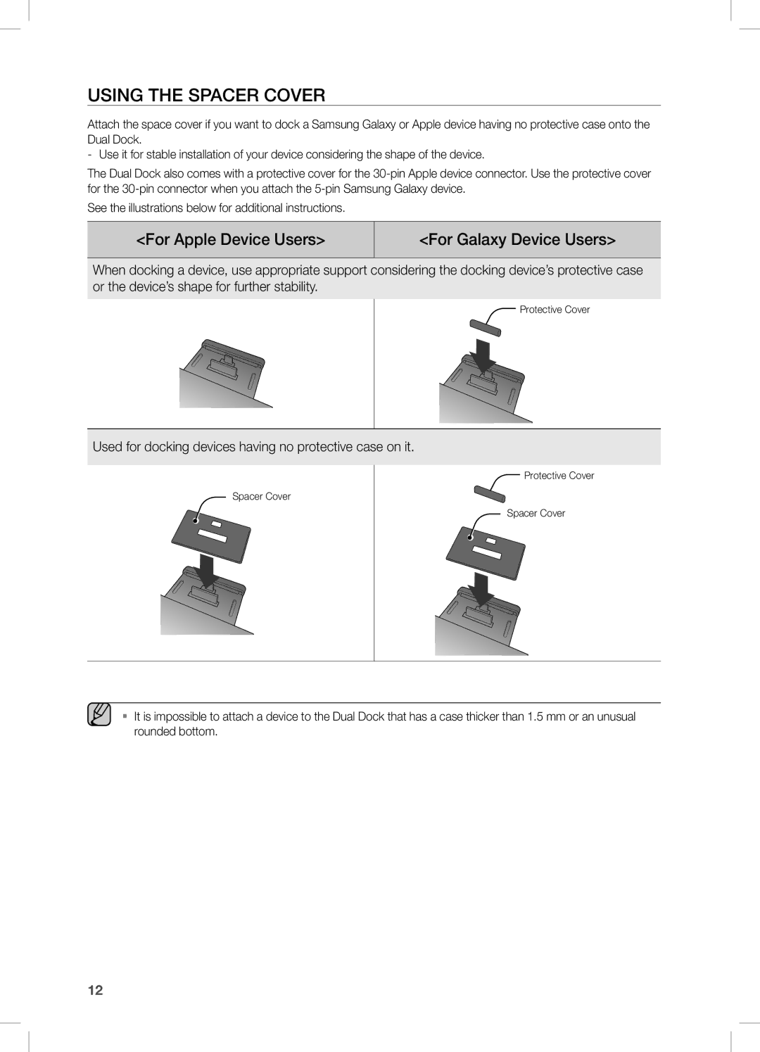 Samsung DA-E670/EN, DA-E670/ZF, DA-E670/XE manual Using tHe sPacer cOVer, For apple Device Users For galaxy Device Users 