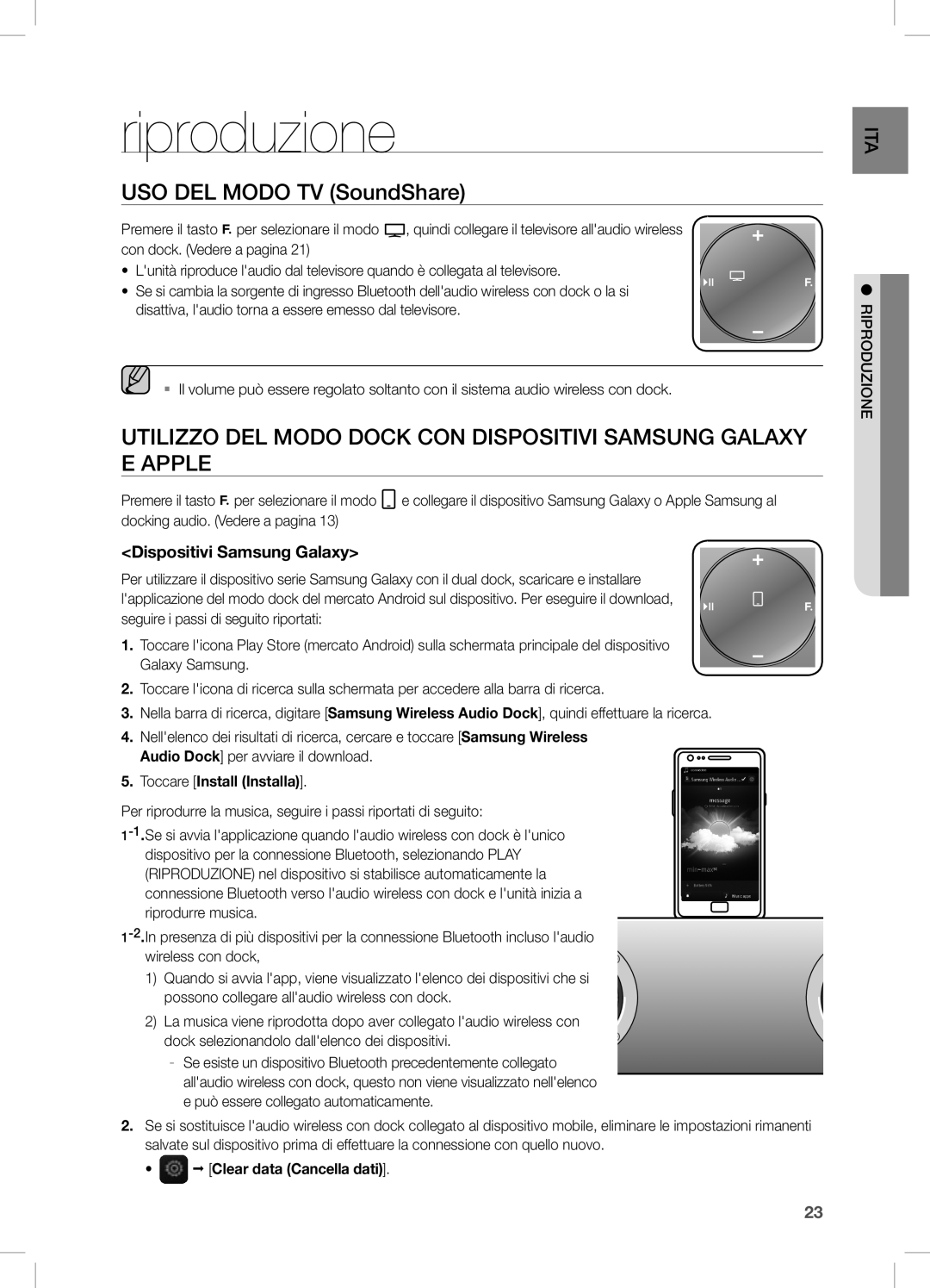 Samsung DA-E670/XE, DA-E670/EN, DA-E670/ZF manual Riproduzione, USO DEL Modo TV SoundShare, Dispositivi Samsung Galaxy 