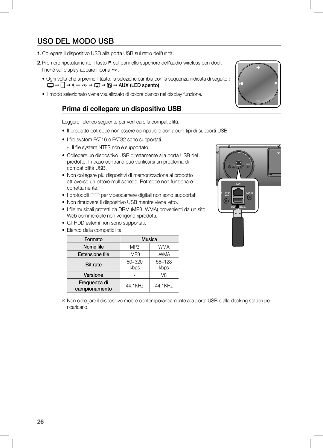 Samsung DA-E670/XE USO DEL Modo USB, Prima di collegare un dispositivo USB, Elenco della compatibilità Formato Musica 