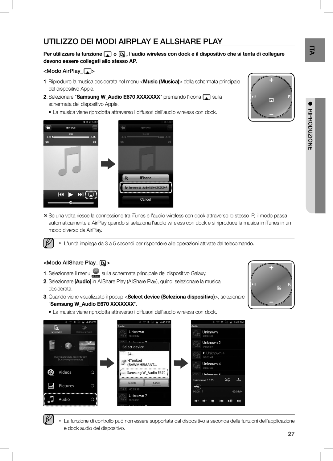 Samsung DA-E670/EN, DA-E670/ZF, DA-E670/XE manual Utilizzo DEI Modi Airplay E Allshare Play 