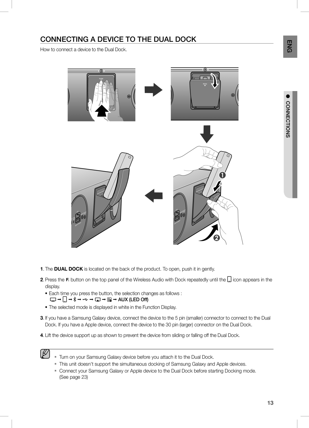 Samsung DA-E670/ZF, DA-E670/EN, DA-E670/XE COnnecting a DeVice tO tHe DUaL DOcK, How to connect a device to the Dual Dock 