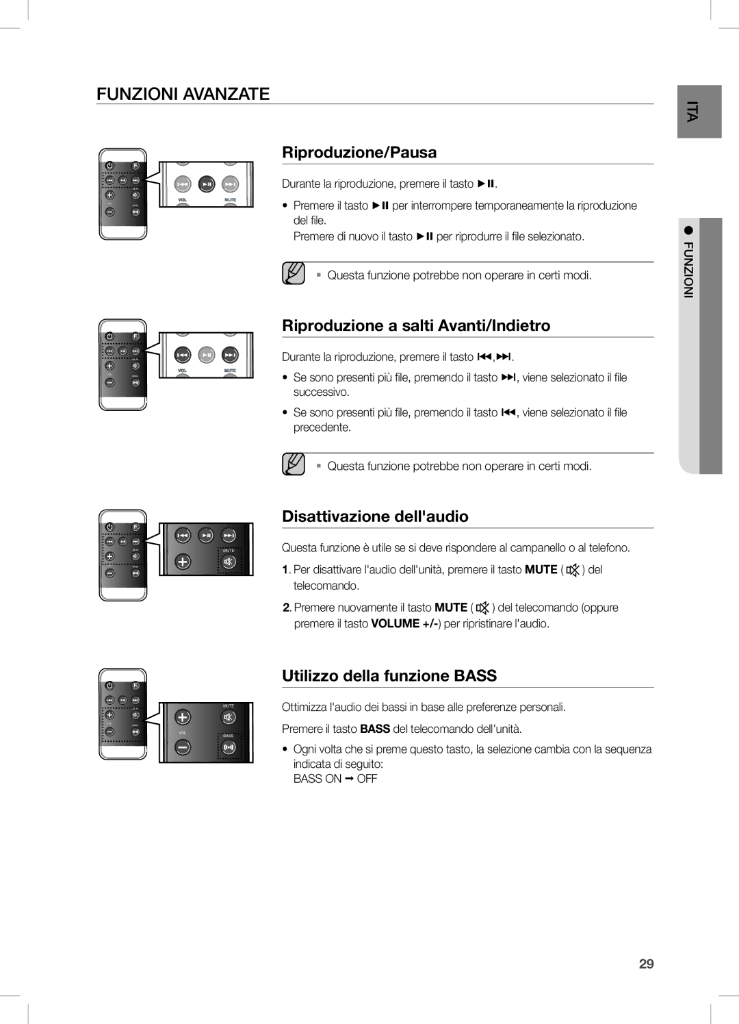 Samsung DA-E670/XE Funzioni Avanzate, Riproduzione/Pausa, Riproduzione a salti Avanti/Indietro, Disattivazione dellaudio 