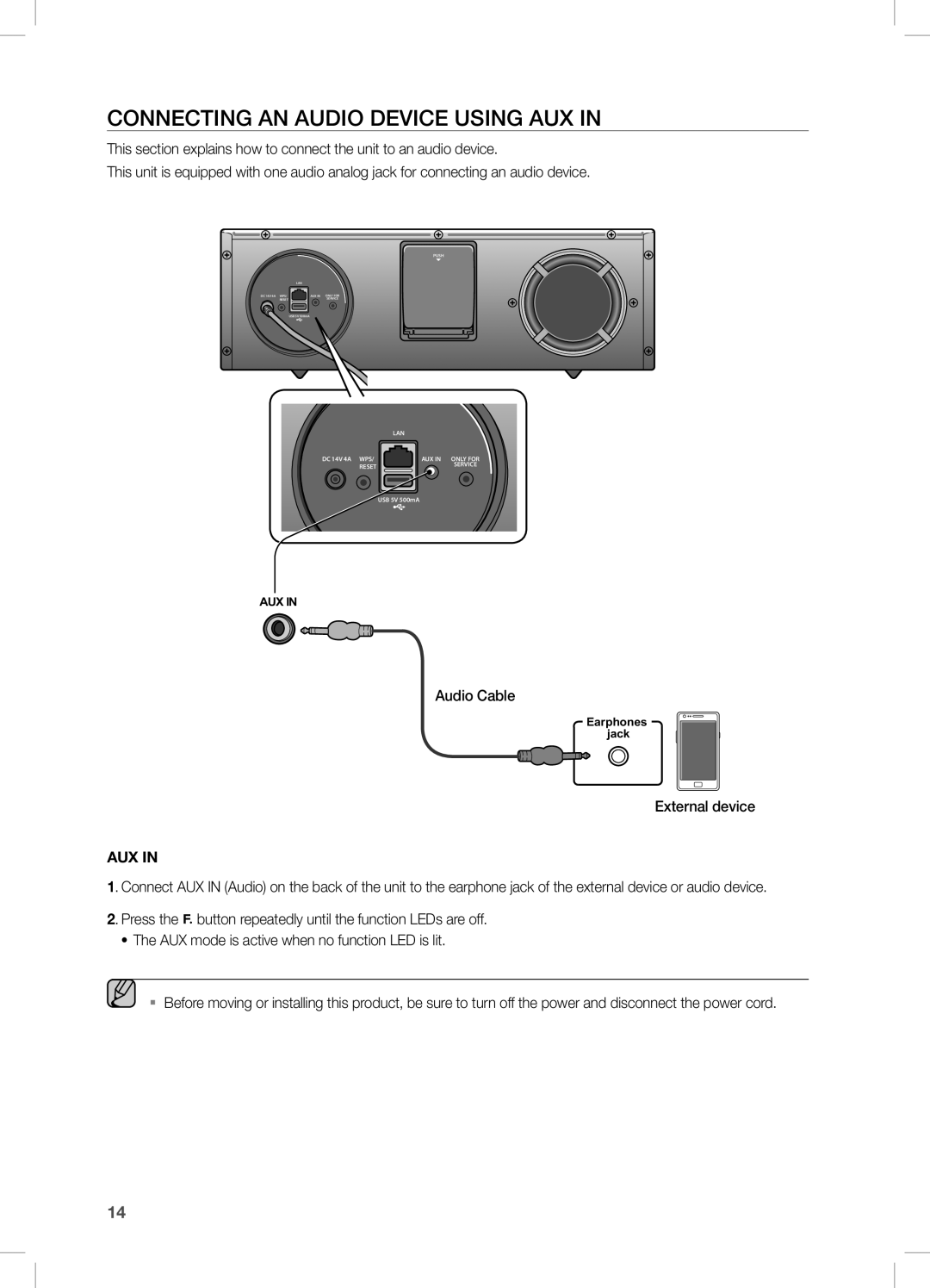 Samsung DA-E670/XE, DA-E670/EN, DA-E670/ZF manual Connecting AN Audio Device Using AUX, External device 