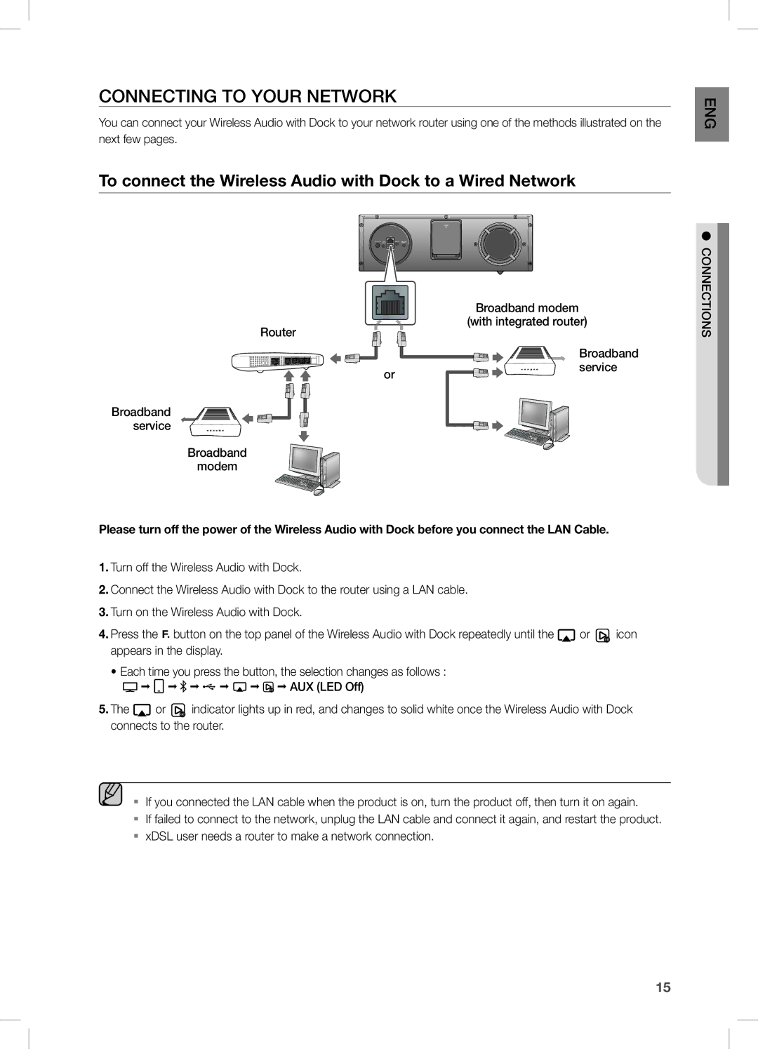 Samsung DA-E670/EN manual Connecting to Your Network, To connect the Wireless Audio with Dock to a Wired Network, Service 