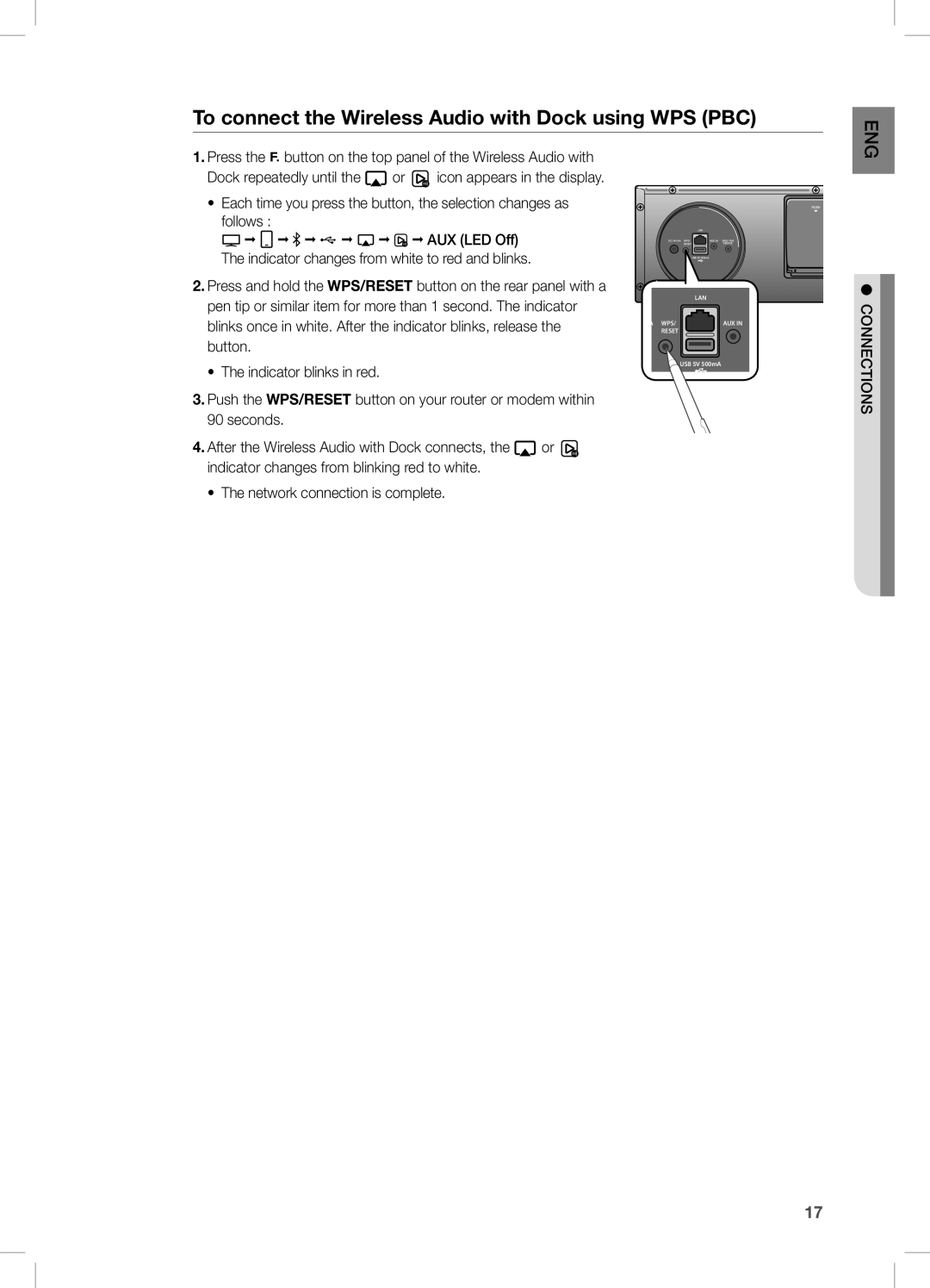 Samsung DA-E670/XE To connect the Wireless Audio with Dock using WPS PBC, Indicator changes from white to red and blinks 