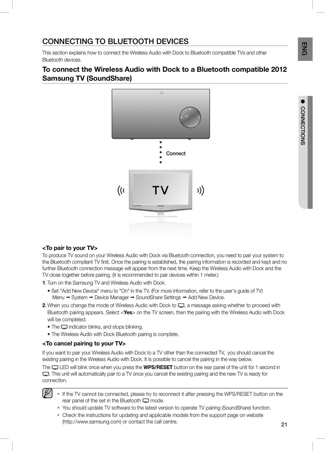 Samsung DA-E670/EN, DA-E670/ZF manual Connecting to Bluetooth Devices, To pair to your TV, To cancel pairing to your TV 