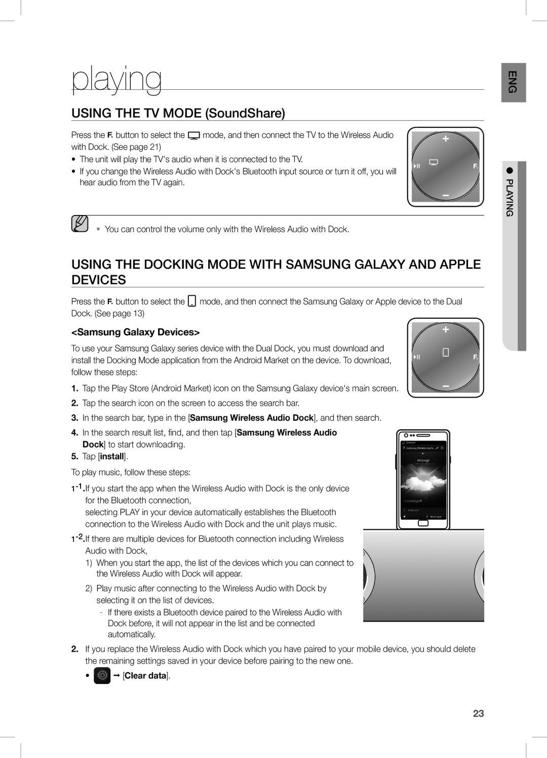 Samsung DA-E670/XE, DA-E670/EN, DA-E670/ZF manual Playing, Using the TV Mode SoundShare, Samsung Galaxy Devices, EnG g playin 