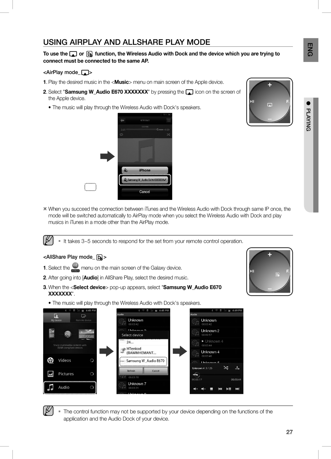 Samsung DA-E670/EN, DA-E670/ZF, DA-E670/XE manual Using airplay and allshare play mode 