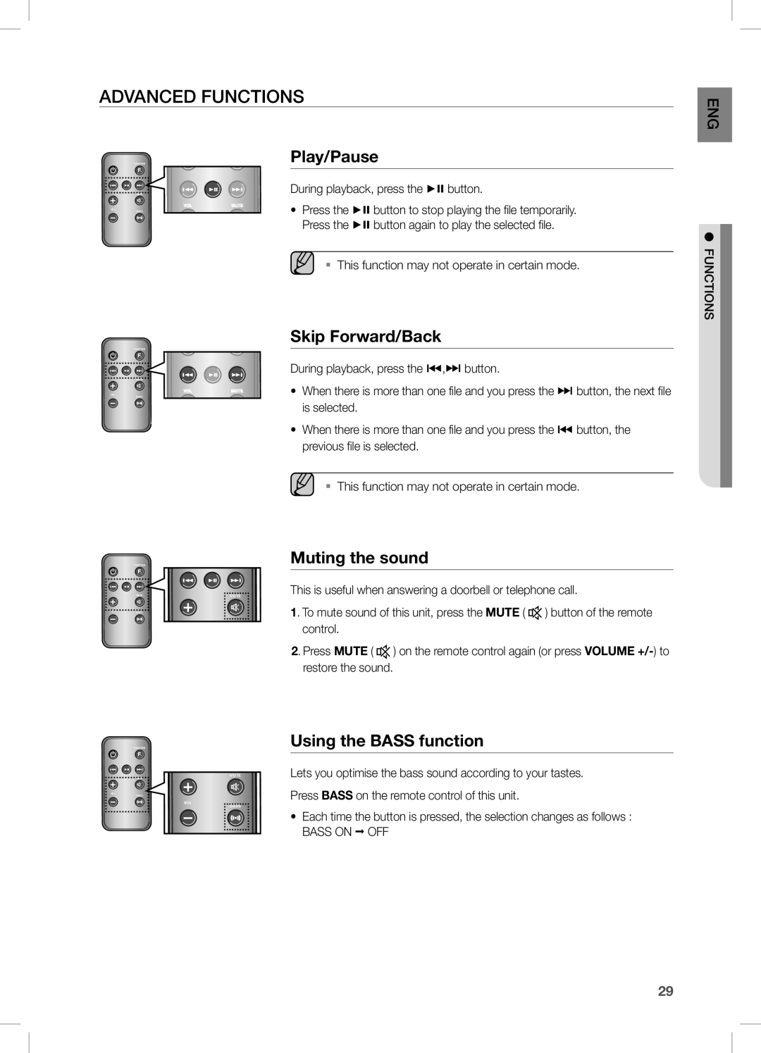 Samsung DA-E670/XE, DA-E670/EN, DA-E670/ZF manual Advanced functions, Muting the sound, Using the Bass function, Functions 