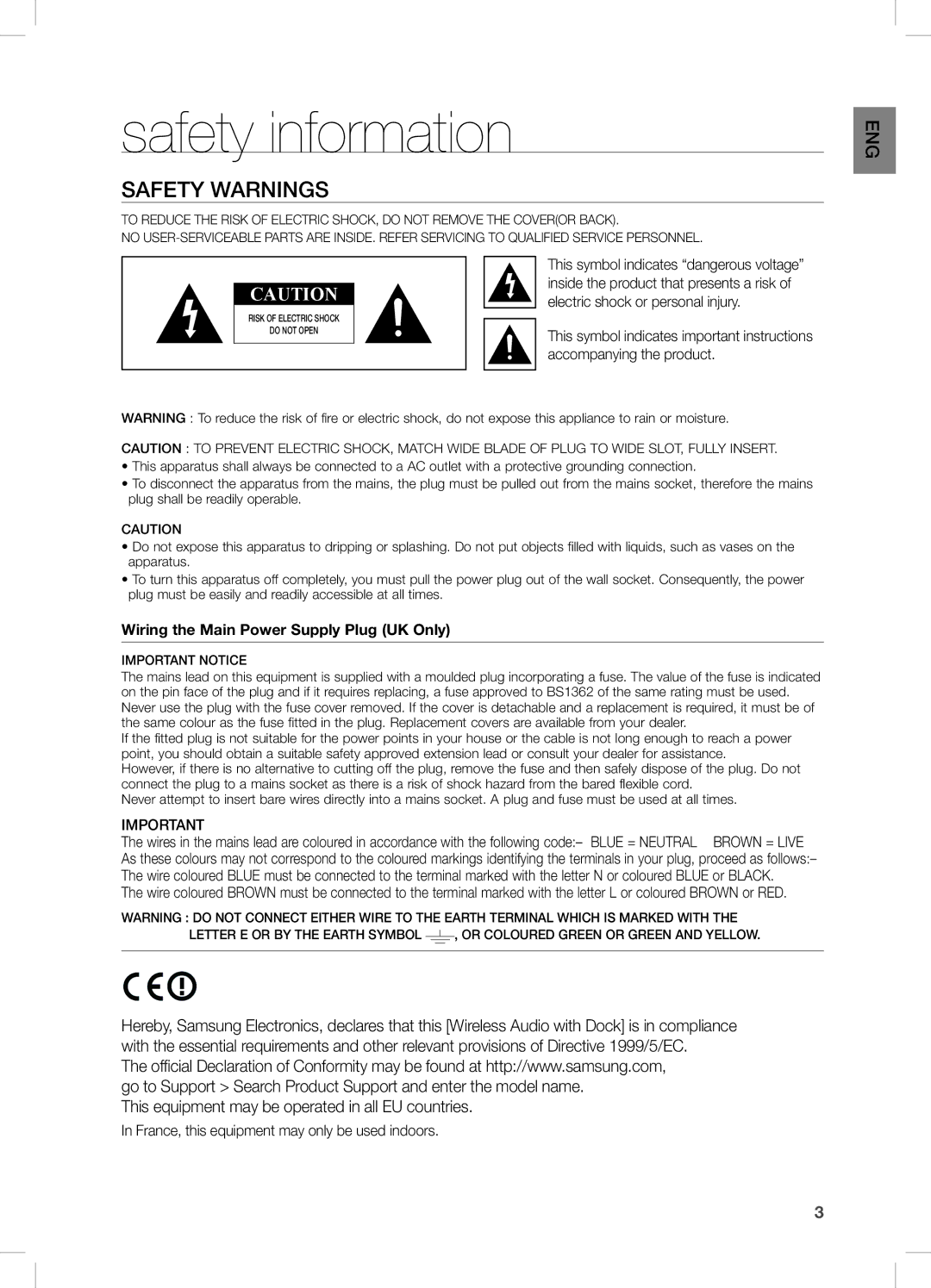 Samsung DA-E670/EN, DA-E670/ZF Safety information, Safety Warnings, This equipment may be operated in all EU countries 