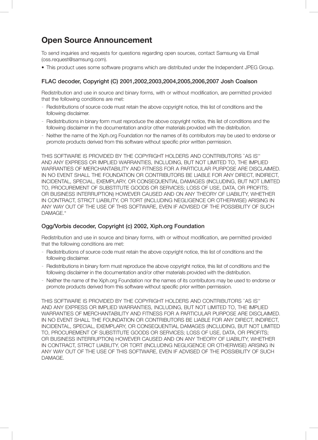 Samsung DA-E670/EN, DA-E670/ZF manual Open Source Announcement, Ogg/Vorbis decoder, Copyright c 2002, Xiph.org Foundation 